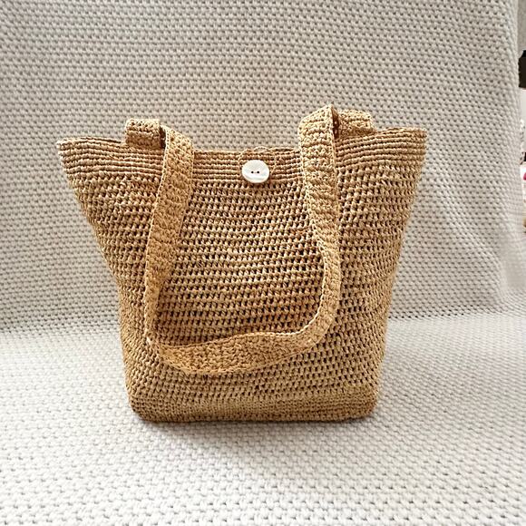 Annabel Ingall Australia Beige Tan Raffia Beach Shoulder Tote Capiz Shell Button - Picture 2 of 11